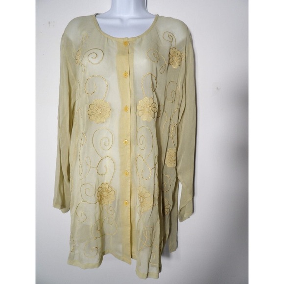 Avenue 14/16 Blouse Top New Gauzy Beigey Yellow Sheer Button Floral Embroidered - Picture 1 of 13